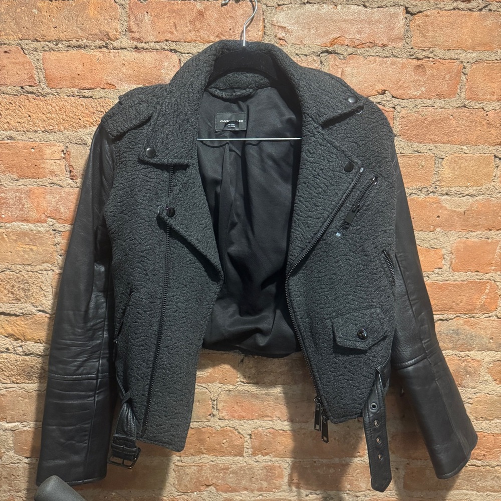 Club Monaco Moto Jacket Leather Sleeves Wool Body